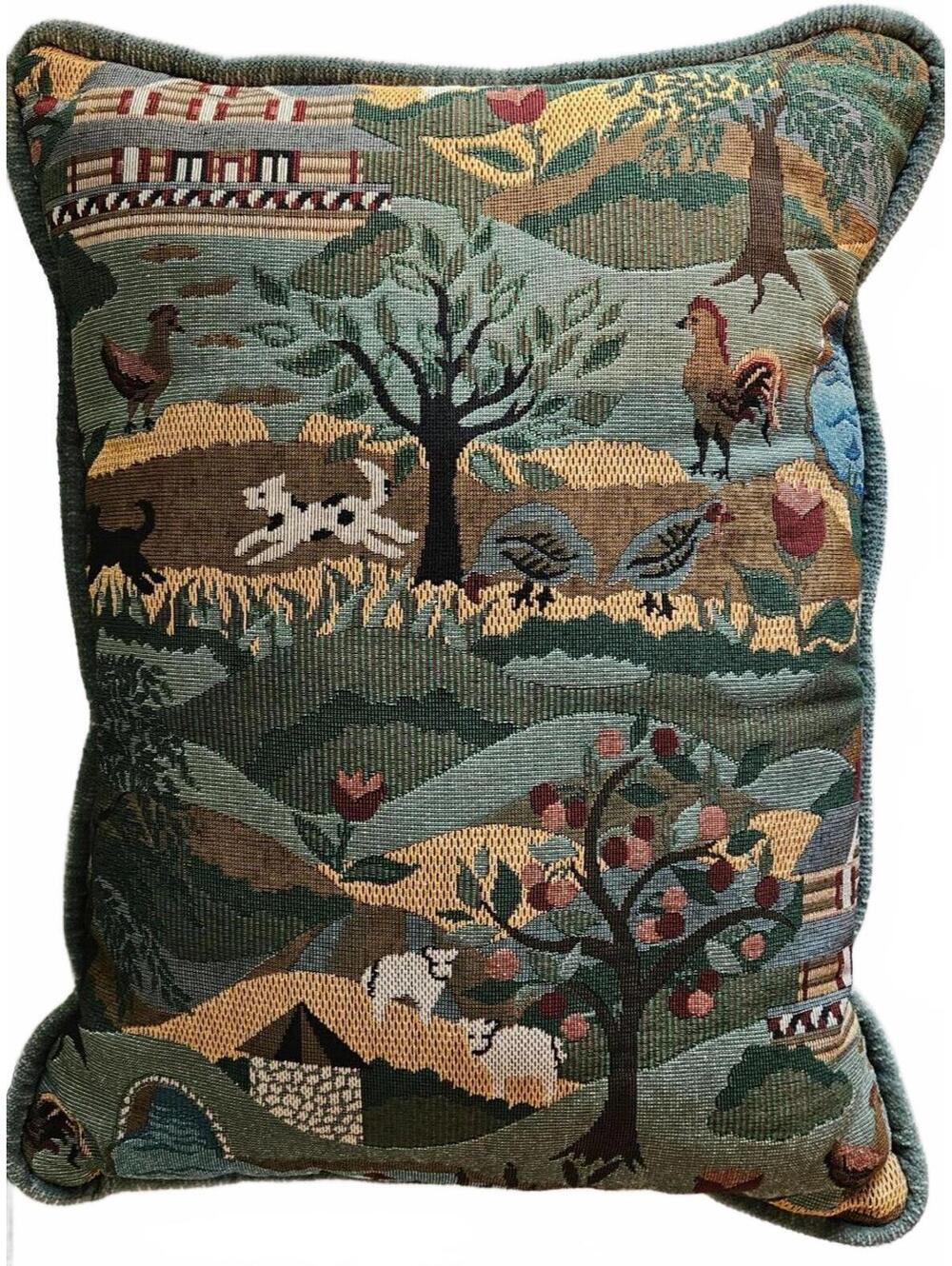 Americana Country Farmstead Tapestry Pillow Large Pastoral Whimsical Folk Animal